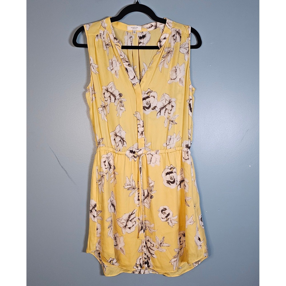 Babaton Aritzia Yellow Floral 100% Silk Sleeveless Drawstring Dress Size Small